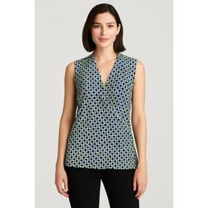 Tahari Blue Green Geometric Sleeveless Blouse Top Size Large